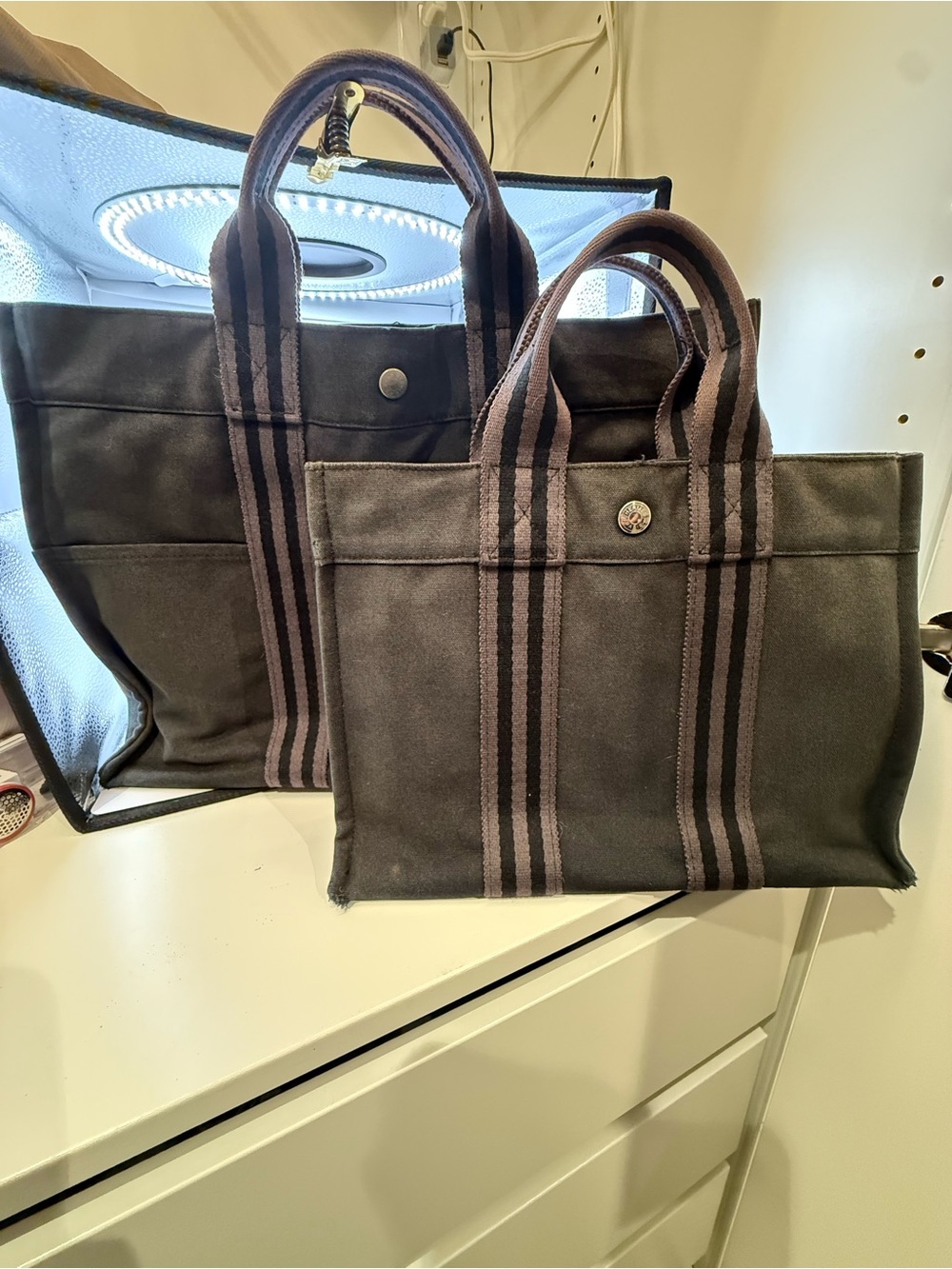 Hermes Black Canvas Striped Handle Tote